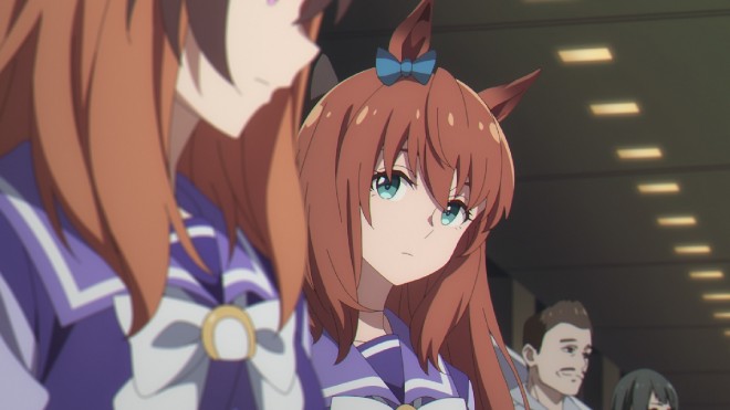 Scene preview from Episode 9 of Uma Musume: Cinderella Gray, showing Oguri Cap and Symboli Rudolf amidst the charged atmosphere of the Japanese Derby. The characters are illustrated with intense expressions and dynamic movement, symbolizing their emotional and competitive stakes